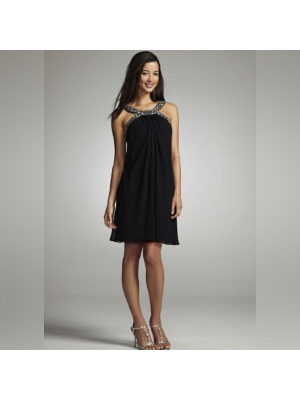 JS Boutique Beaded Neckline Strappy Chiffon Swing Dress Black SZ 8